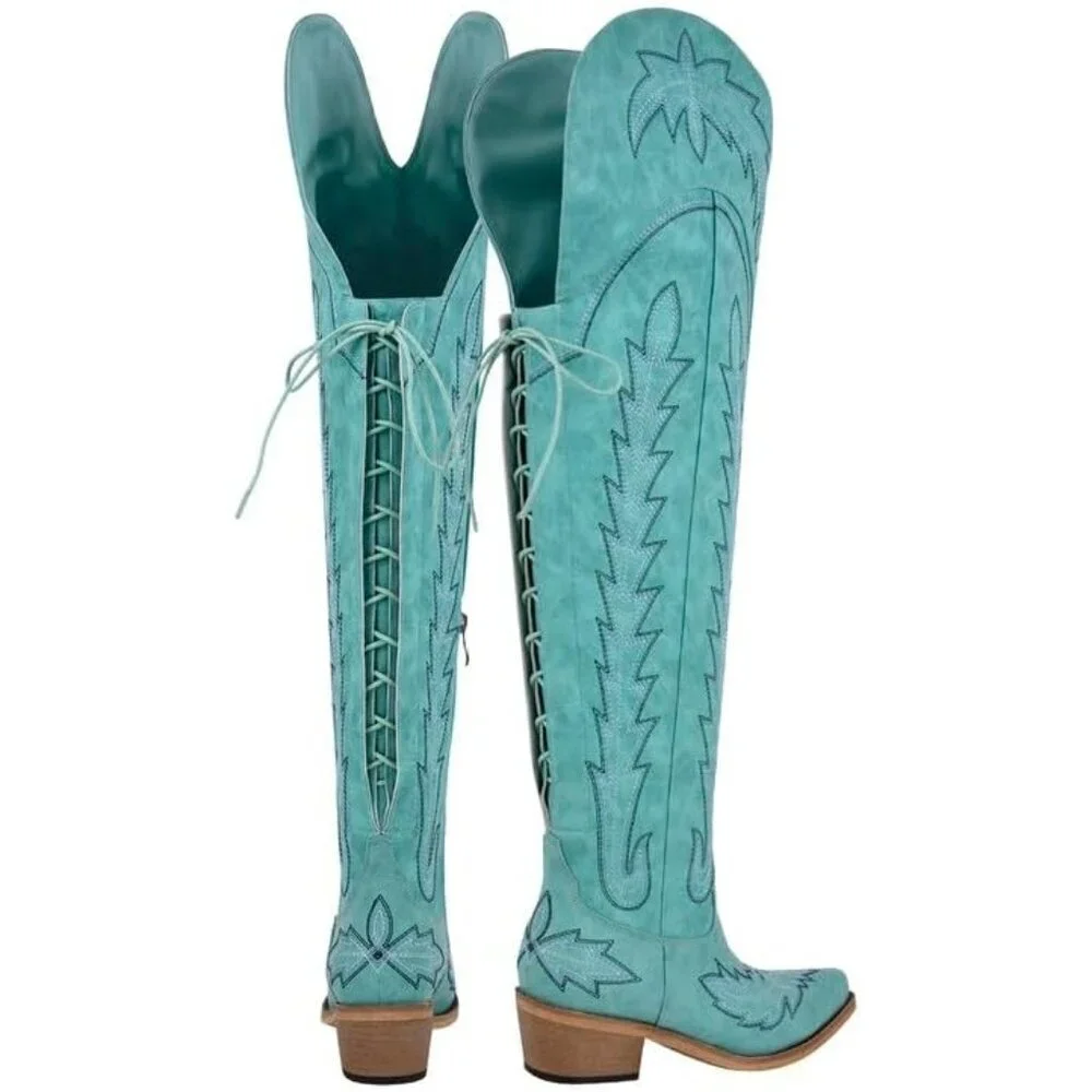 Women Turquoise Polyurethane Over the Knee Adjustable Thigh High Cowgirl Boot
